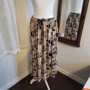 Liz Baker Maxi Skirt Black Beige Crinkle Gauze Floral Drawstring Waist L